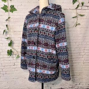 Vintage Sandro Hooded Button Up Jacket Winter Snowflake Nordic Print Medium